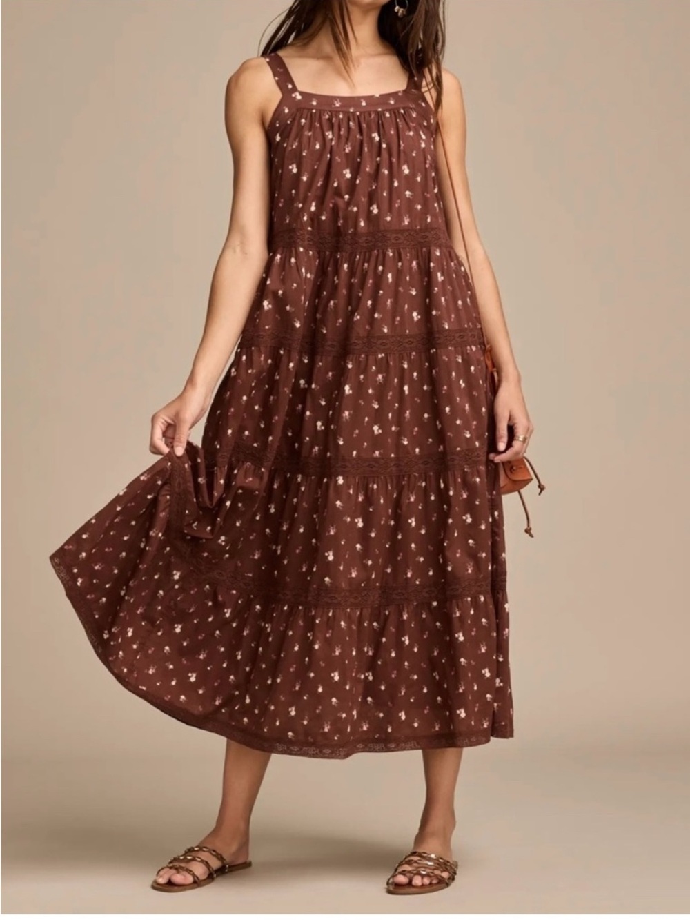 Lucky Brand Tiered Market Day Maxi Dress Chocolate Multi Floral Boho Size XS